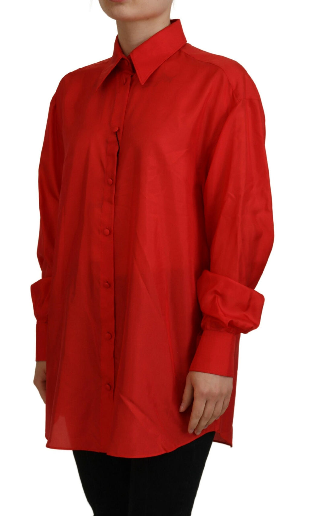 Dolce & Gabbana Red Silk Collared Long Sleeve Top