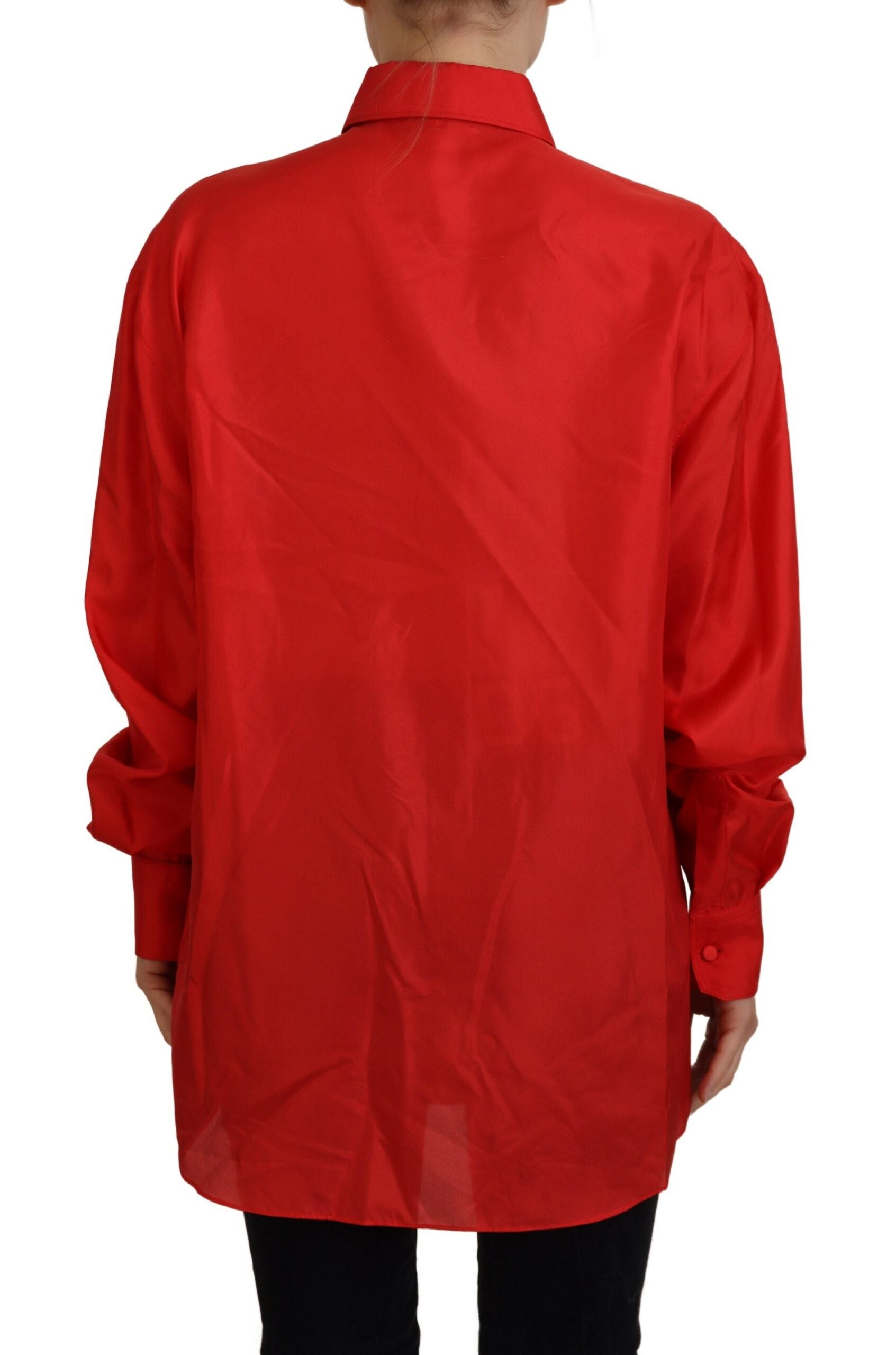Dolce & Gabbana Red Silk Collared Long Sleeve Top