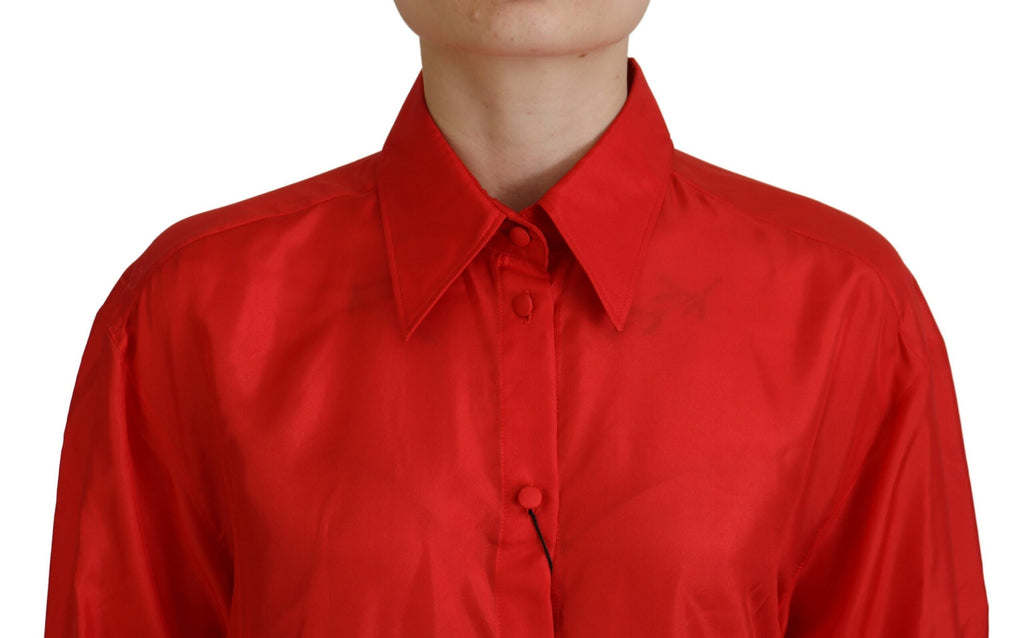 Dolce & Gabbana Red Silk Collared Long Sleeve Top