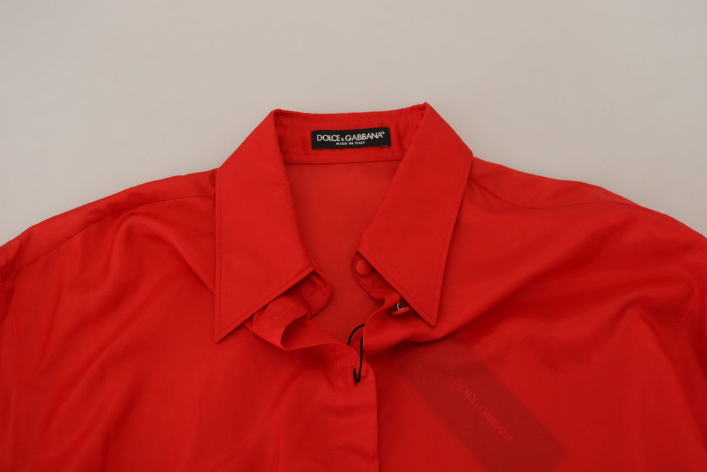 Dolce & Gabbana Red Silk Collared Long Sleeve Top