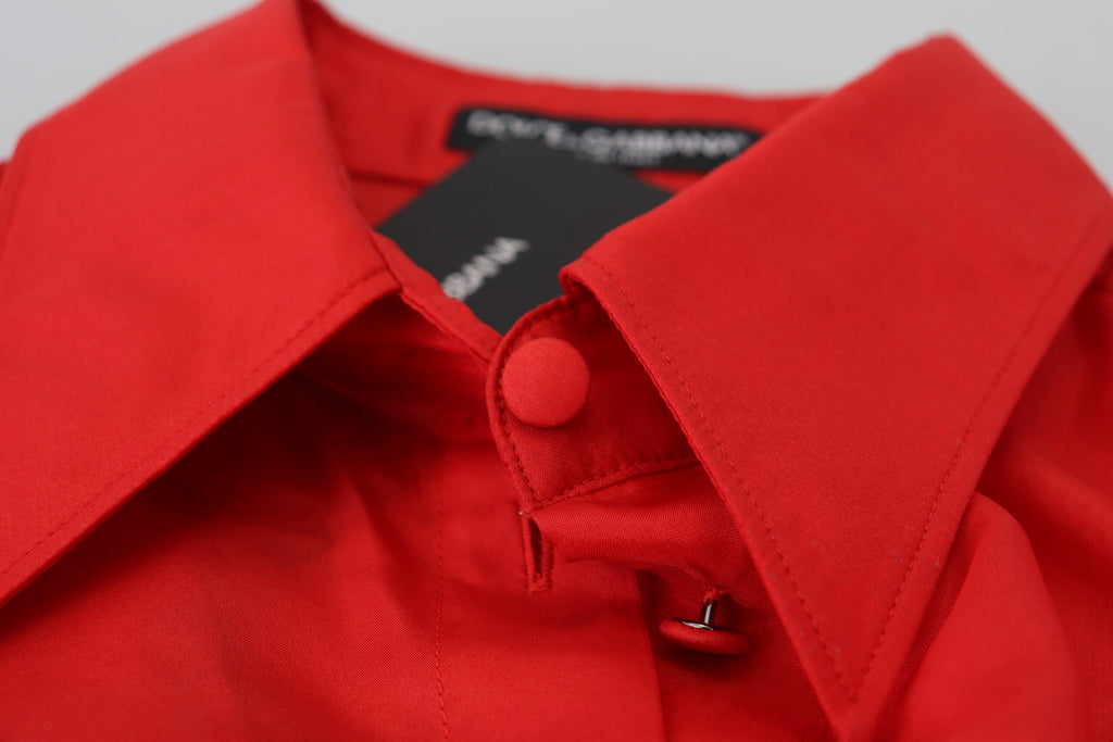 Dolce & Gabbana Red Silk Collared Long Sleeve Top