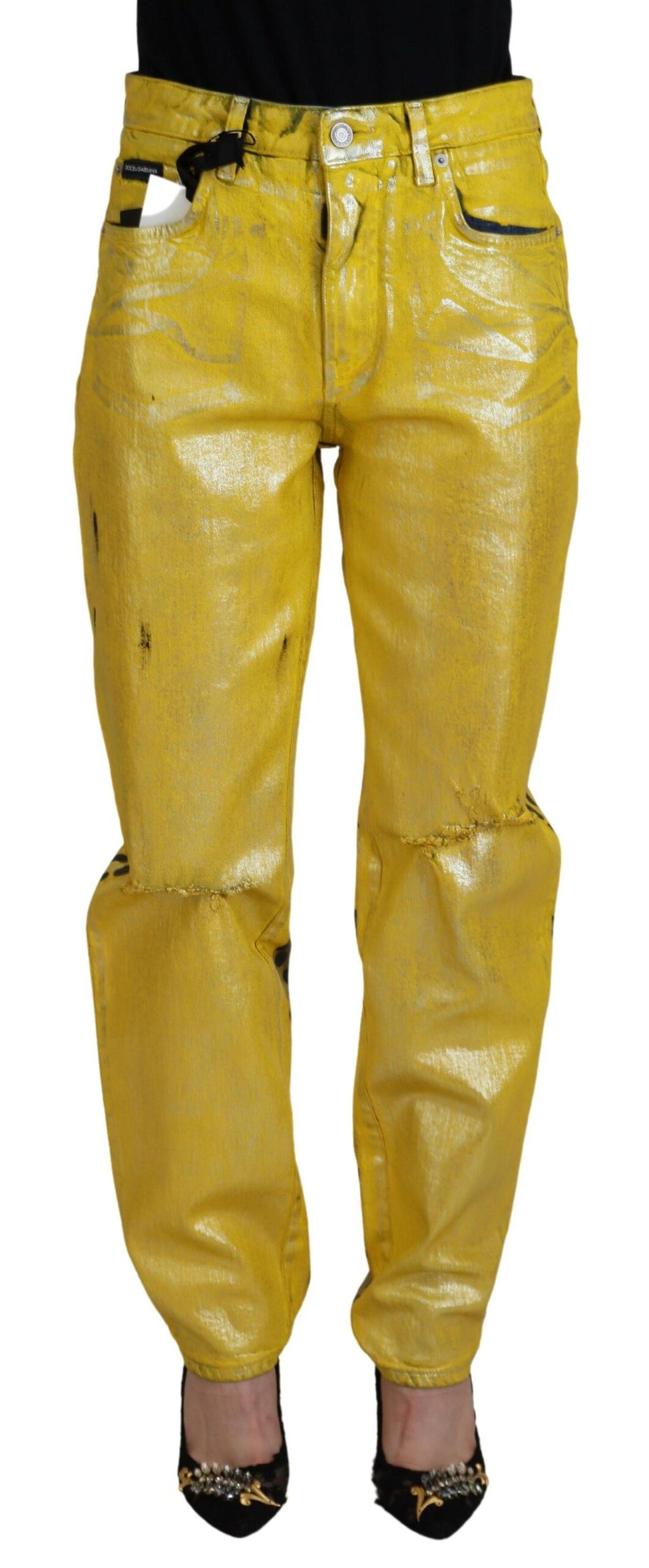 Dolce & Gabbana Gelbe Leoparden-Baumwoll-Straight-Denim-Jeans