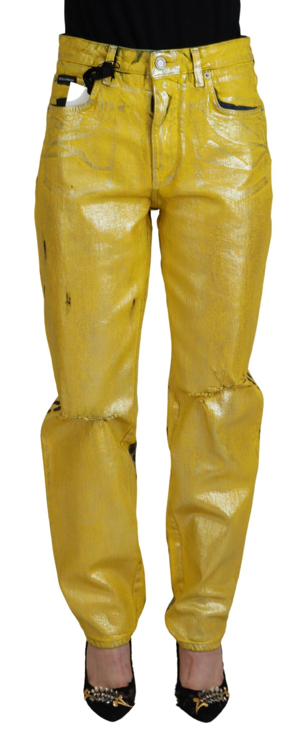 Dolce & Gabbana Gelbe Leoparden-Baumwoll-Straight-Denim-Jeans