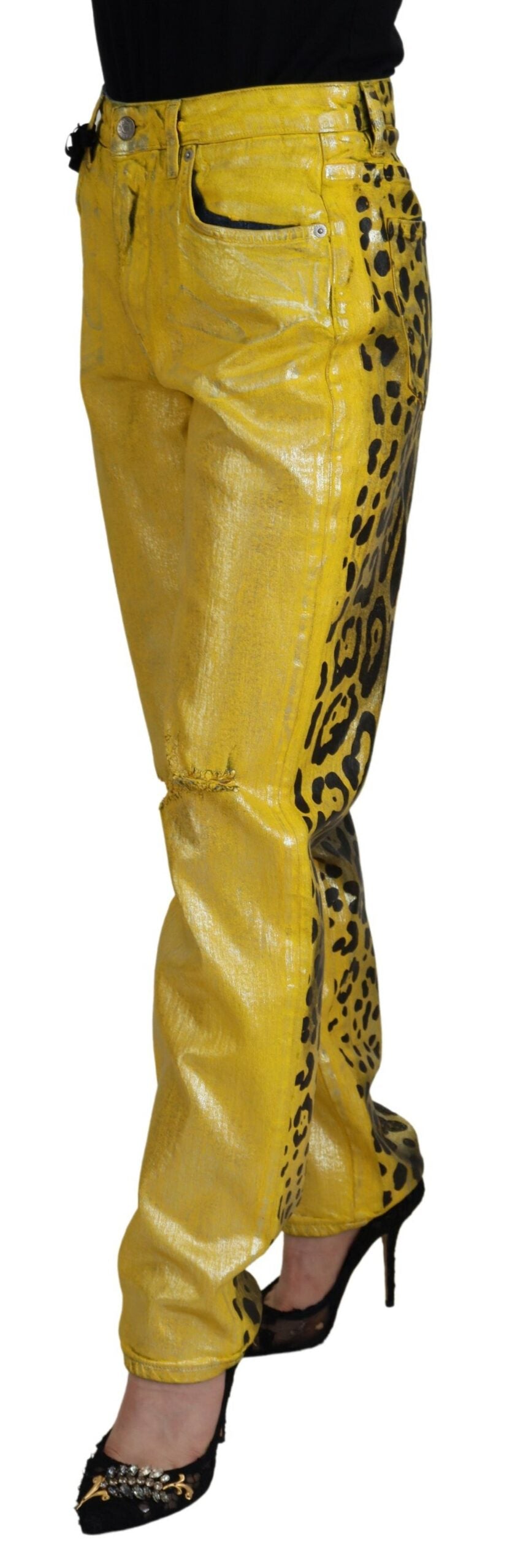 Dolce & Gabbana Gelbe Leoparden-Baumwoll-Straight-Denim-Jeans