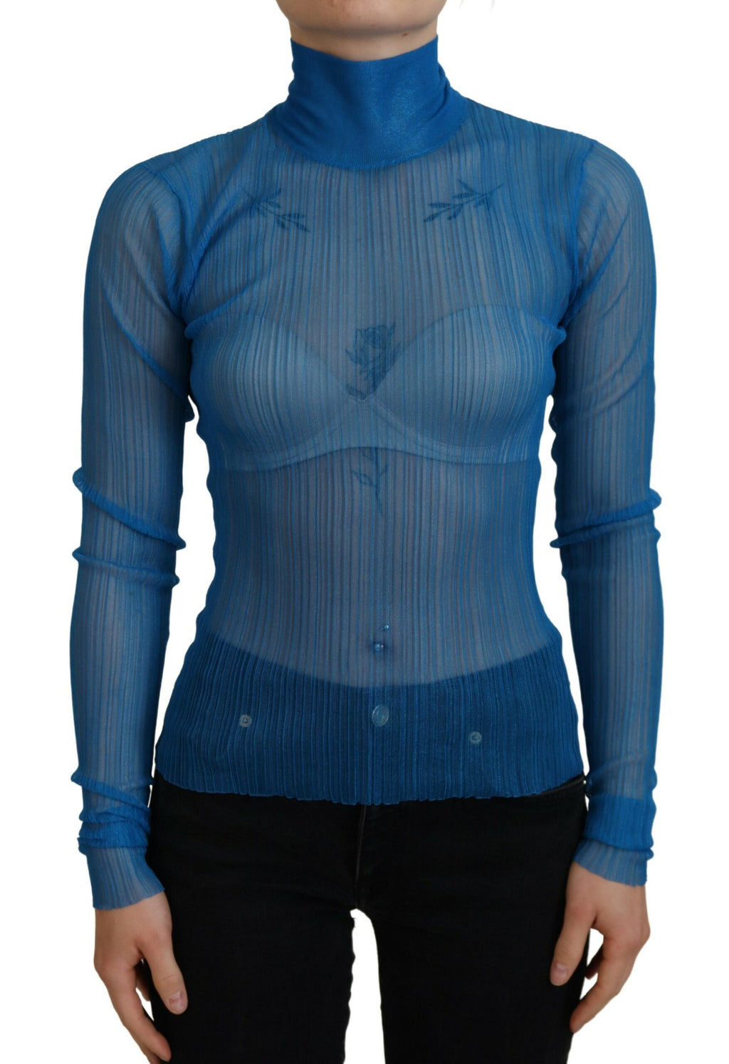 Dolce & Gabbana Blaues Netz-Rollkragen-Langarmblusen-Top