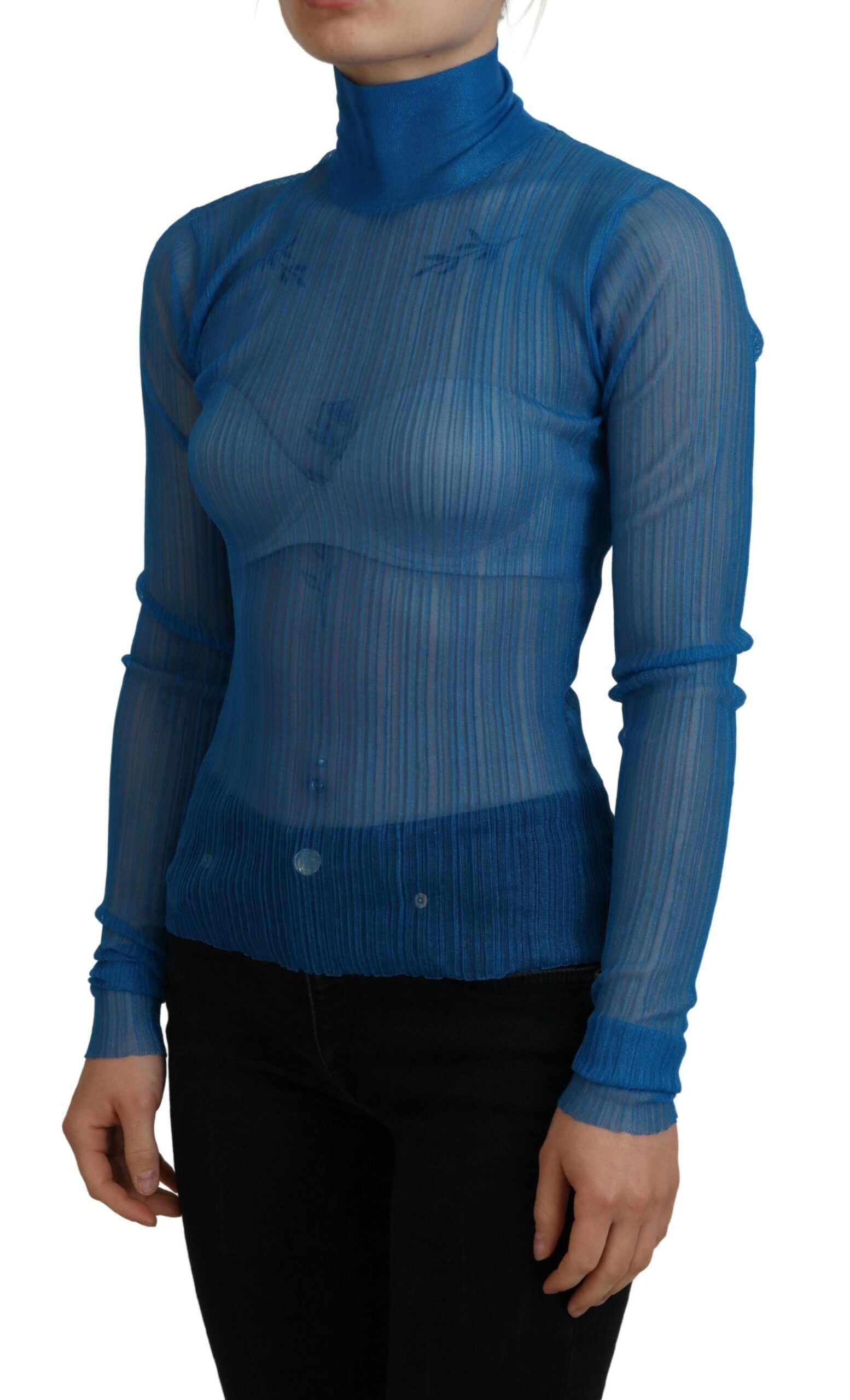 Dolce & Gabbana Blaues Netz-Rollkragen-Langarmblusen-Top