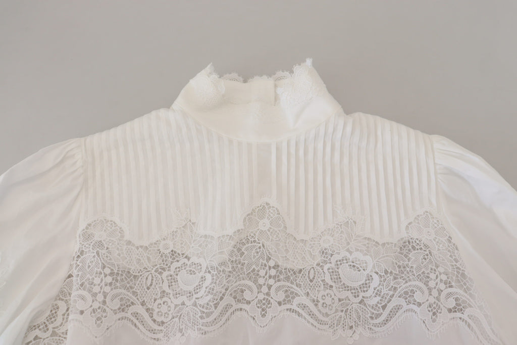 Dolce & Gabbana Weißes Blusentop mit Rollkragen und Spitzenbesatz aus Baumwolle