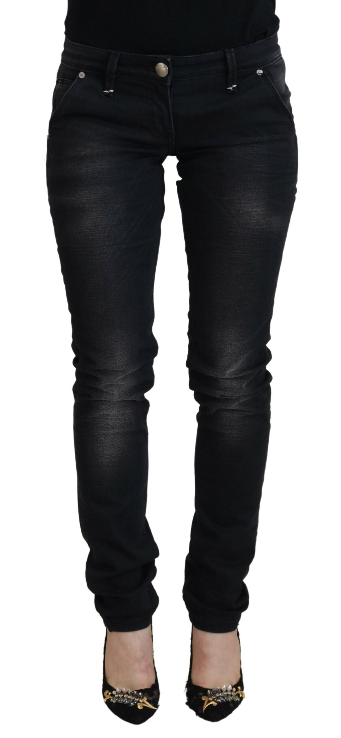 Acht Schwarz gewaschene Baumwolle Skinny Frauen Casual Denim Jeans