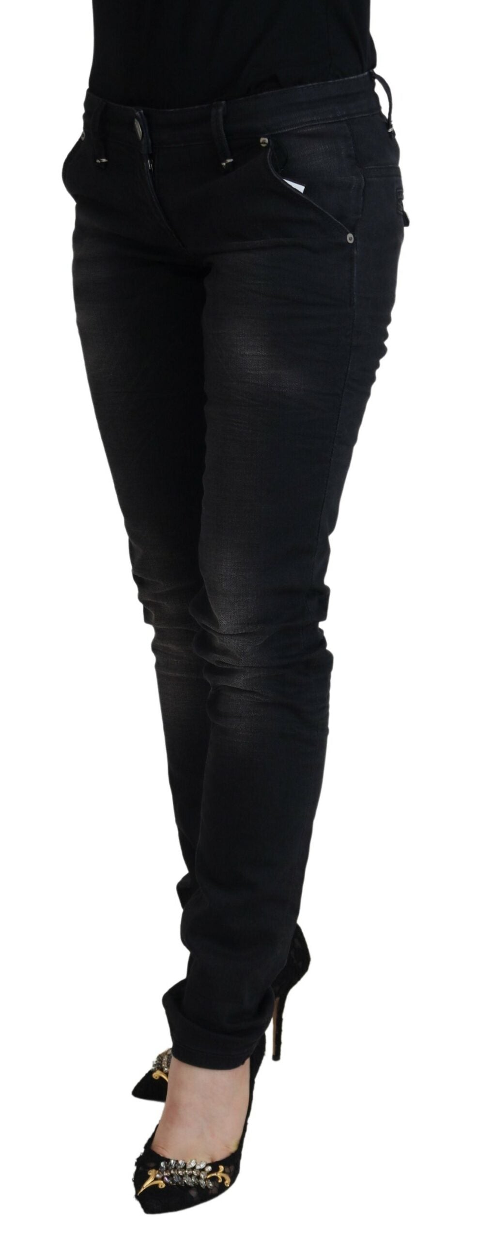 Acht Schwarz gewaschene Baumwolle Skinny Frauen Casual Denim Jeans
