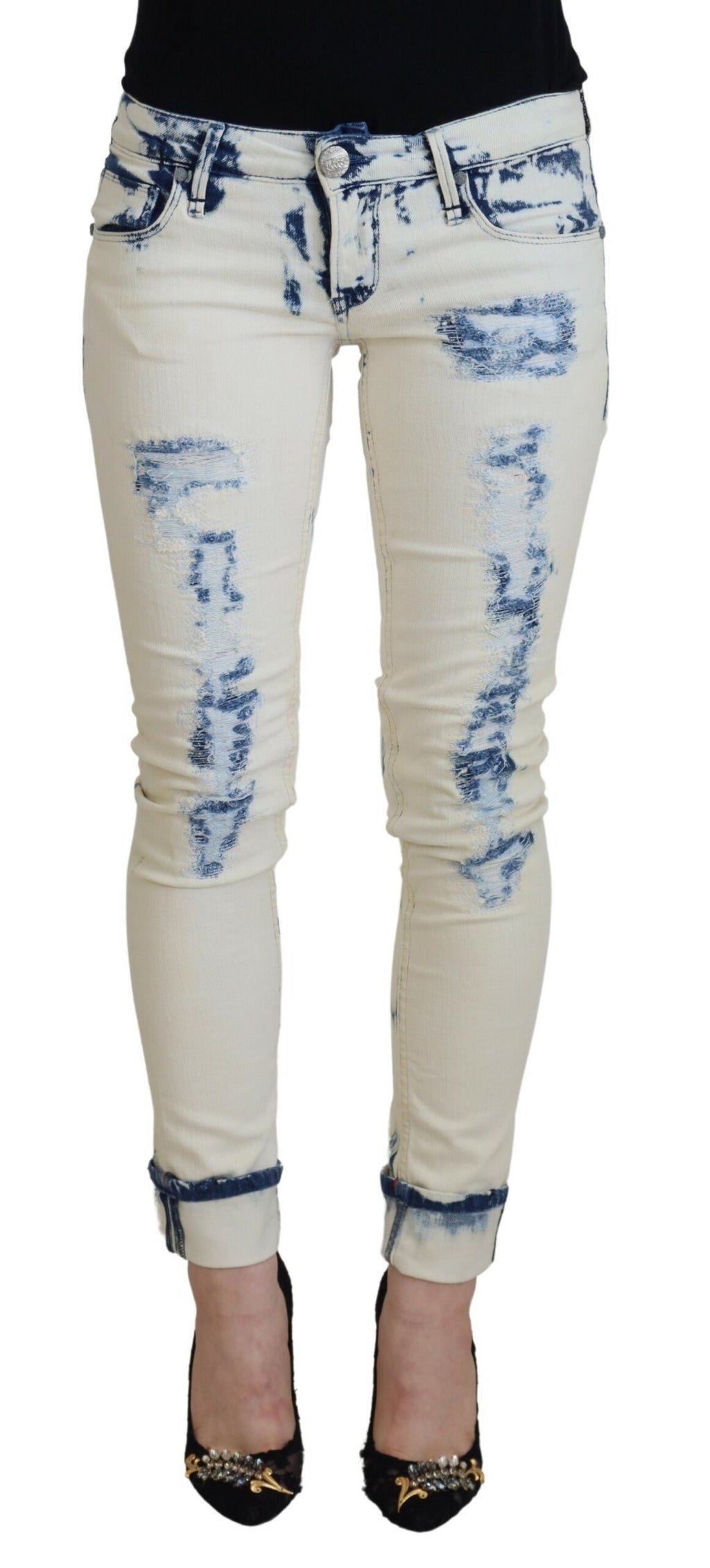 Acht Weiß Blau Baumwolle Skinny Frauen zerfleddert Denim Jeans