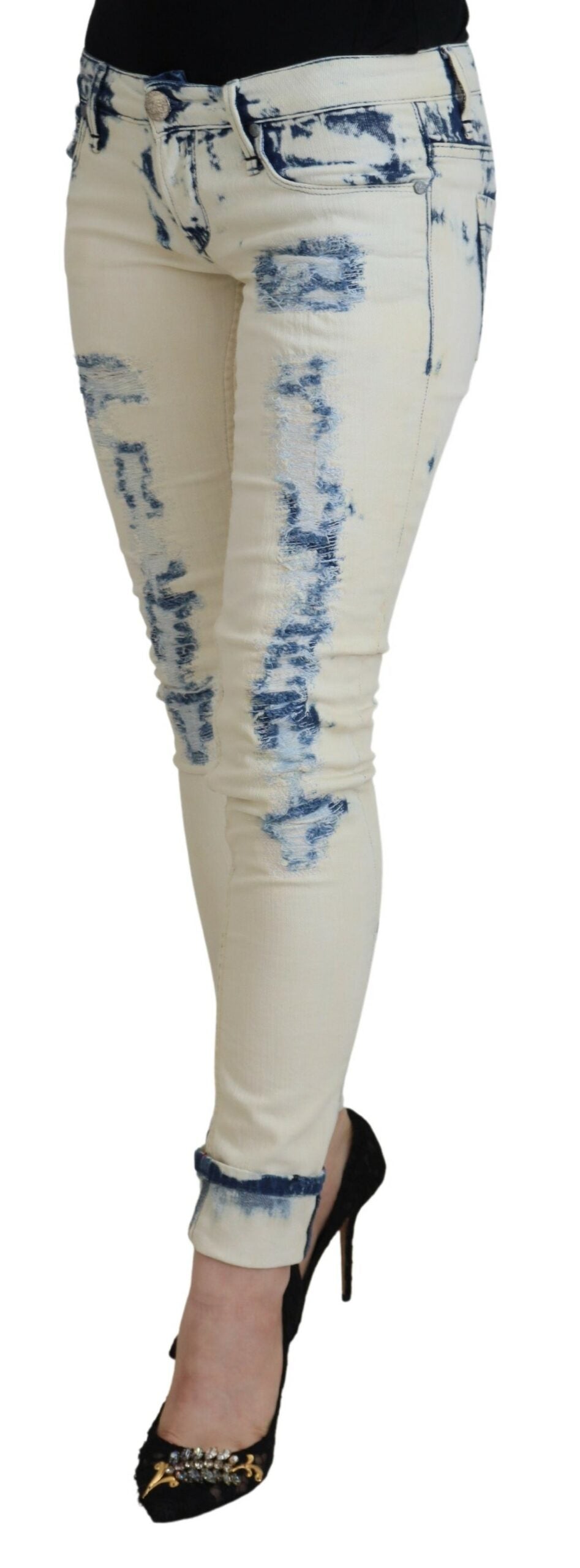 Acht Weiß Blau Baumwolle Skinny Frauen zerfleddert Denim Jeans