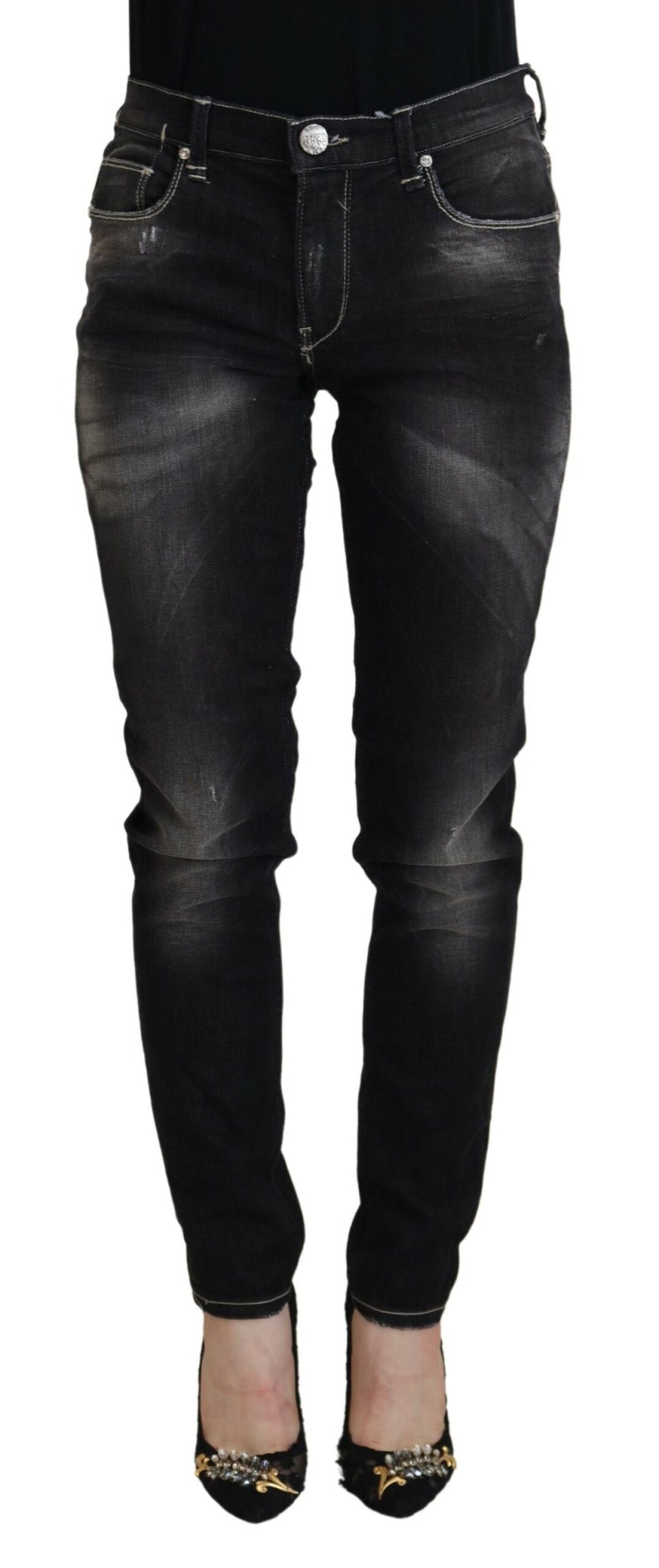 Acht Schwarz gewaschene Mid Waist Tapered Damen Casual Denim Jeans