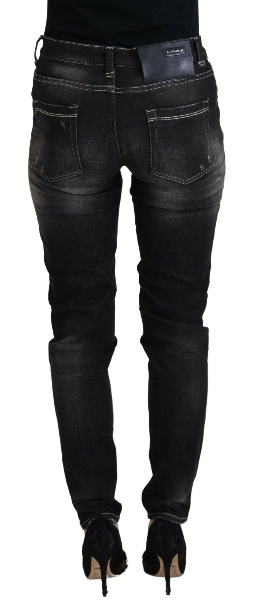 Acht Schwarz gewaschene Mid Waist Tapered Damen Casual Denim Jeans