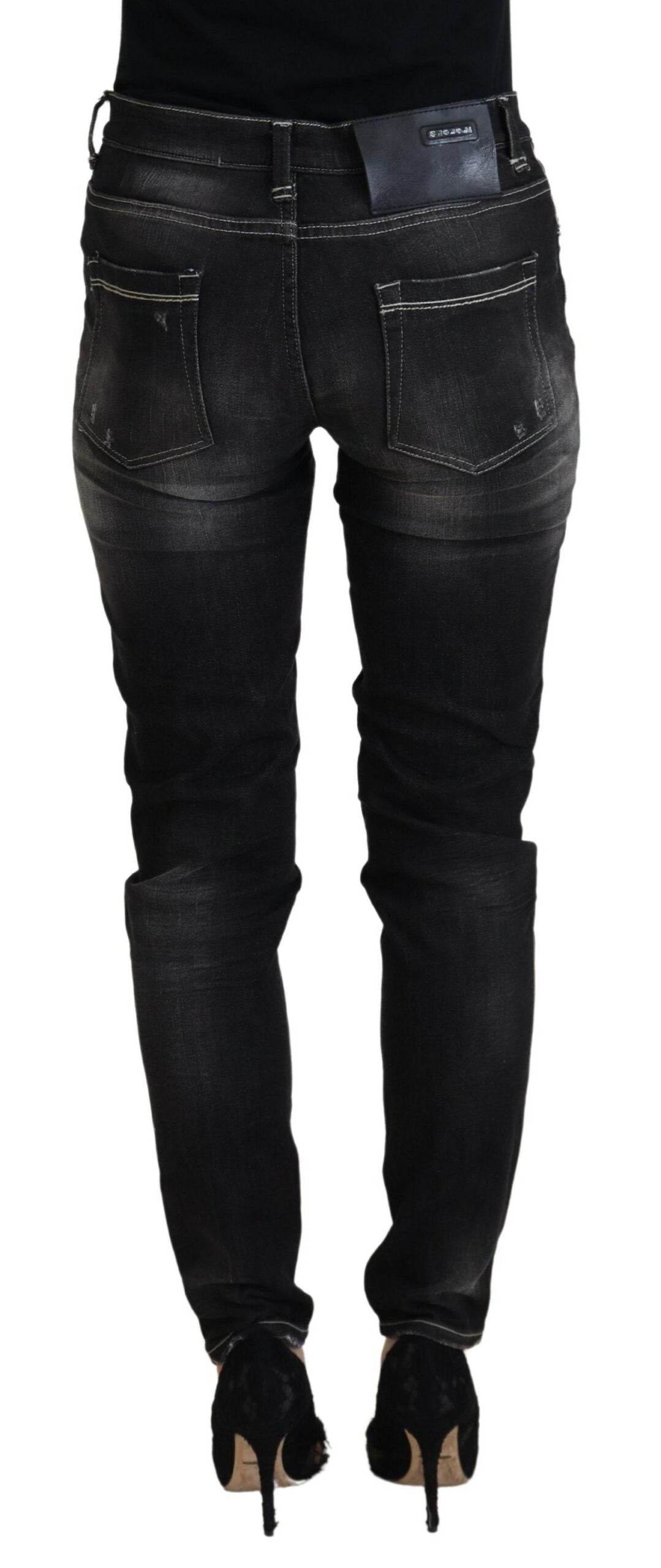 Acht Schwarz gewaschene Mid Waist Tapered Damen Casual Denim Jeans