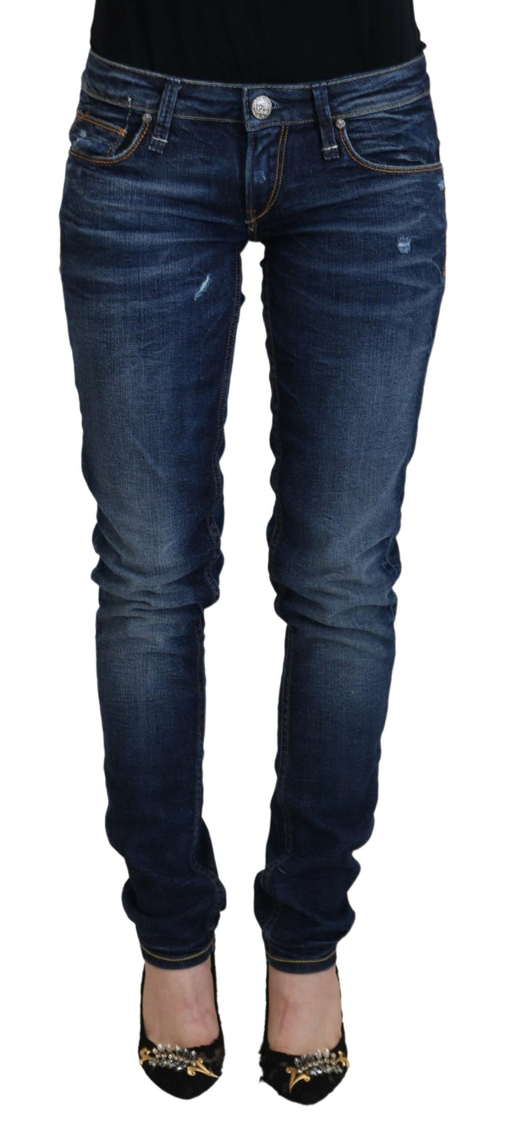 Acht Blau gewaschene Baumwolle mit niedriger Taille Damen Casual Jeans