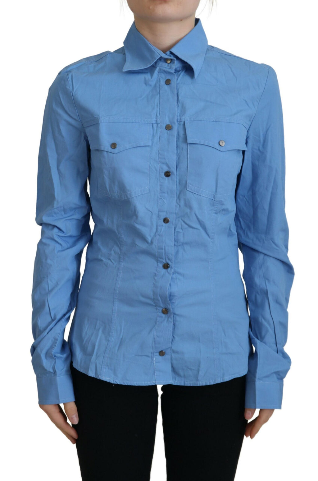 Ferre Blue Cotton Long-Sleeved Top with Button Placket
