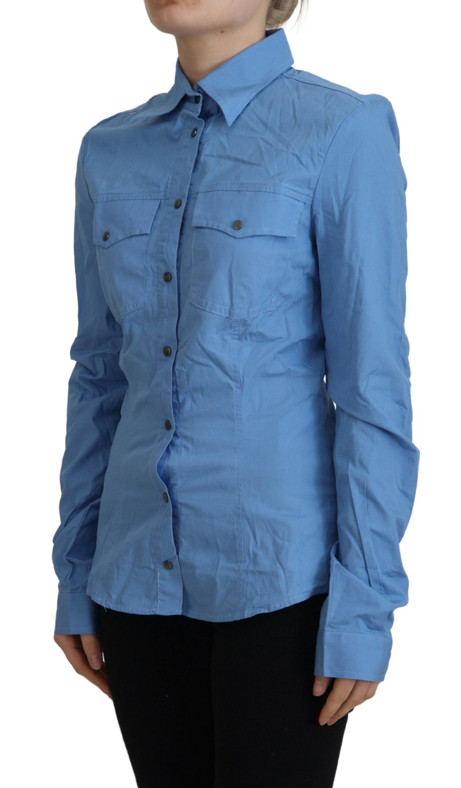 Ferre Blue Cotton Long-Sleeved Top with Button Placket