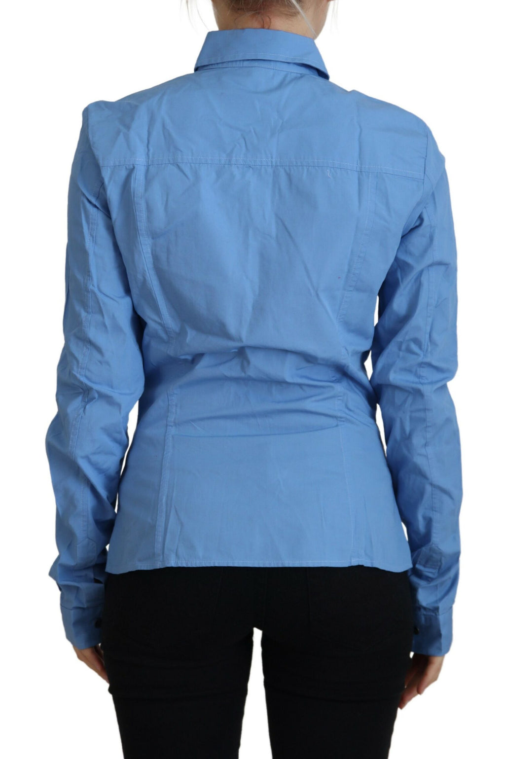 Ferre Blue Cotton Long-Sleeved Top with Button Placket