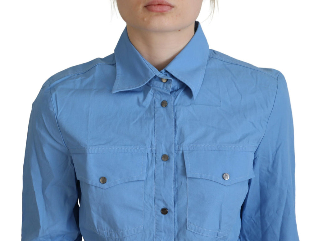 Ferre Blue Cotton Long-Sleeved Top with Button Placket