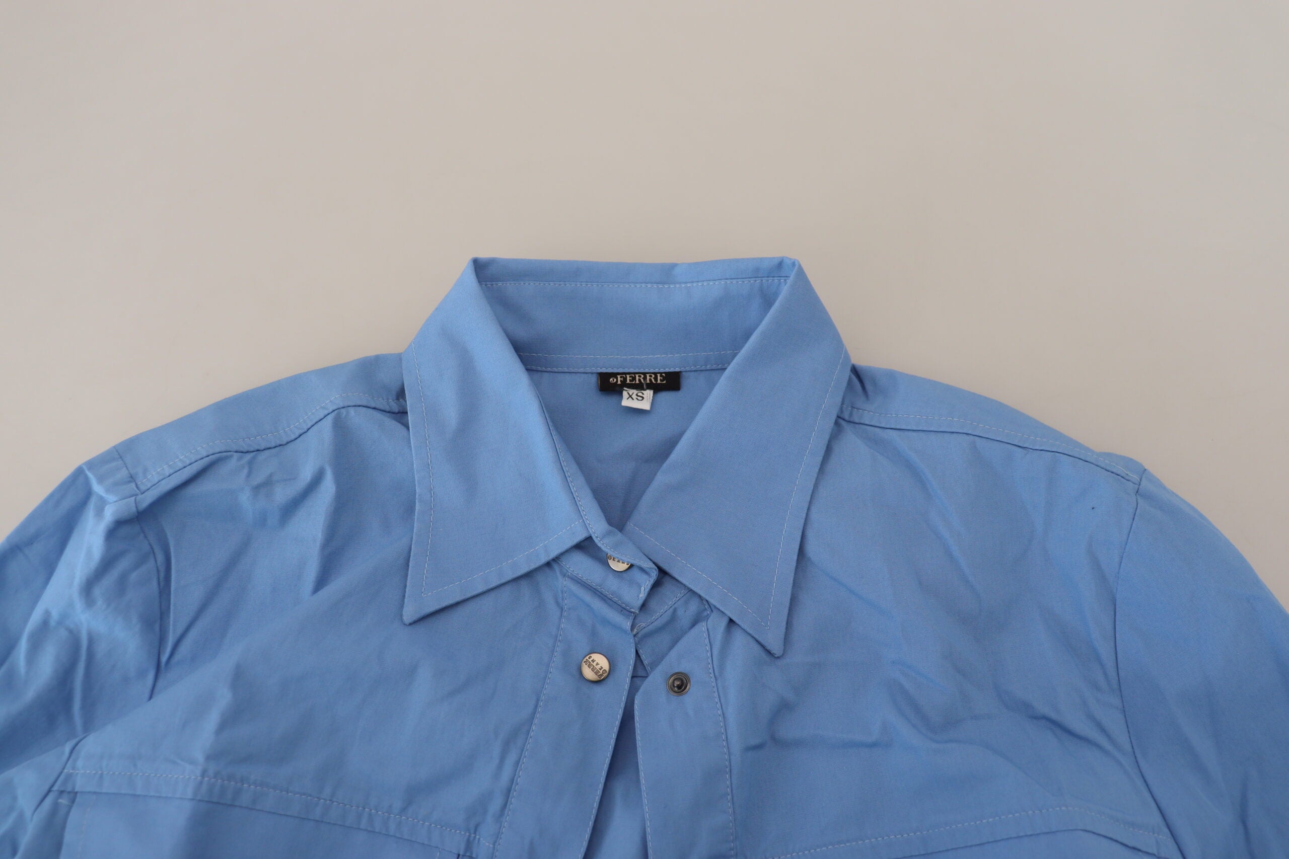 Ferre Blue Cotton Long-Sleeved Top with Button Placket