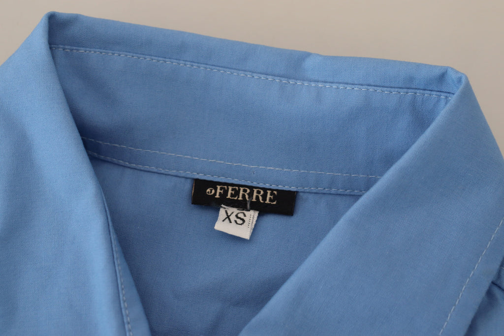 Ferre Blue Cotton Long-Sleeved Top with Button Placket