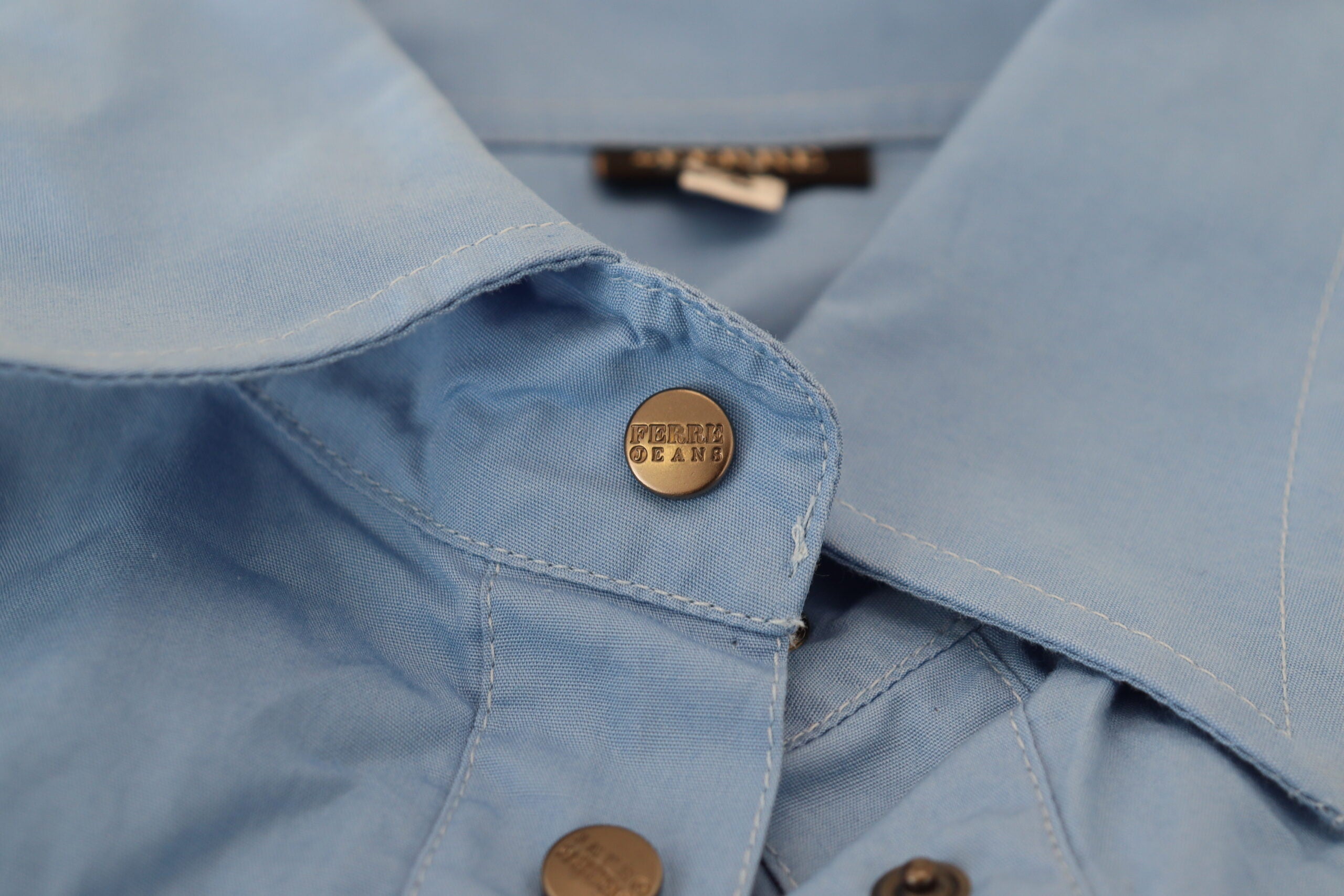 Ferre Blue Cotton Long-Sleeved Top with Button Placket