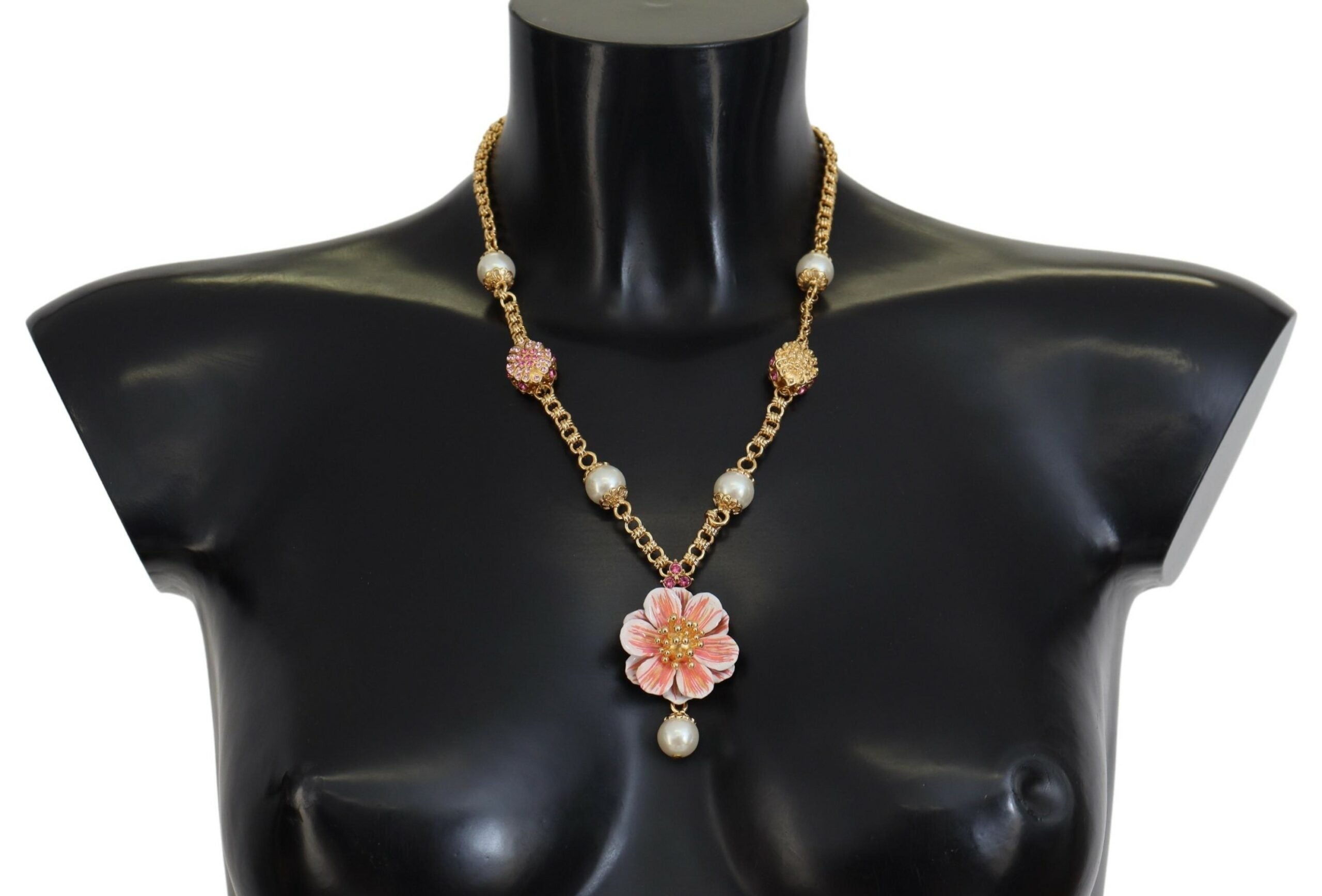 Dolce & Gabbana Gold-Tone Floral Crystal Embellished Pink Necklace