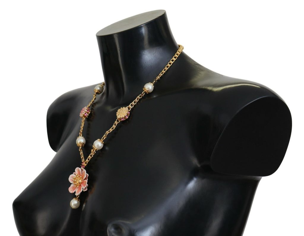 Dolce & Gabbana Gold-Tone Floral Crystal Embellished Pink Necklace