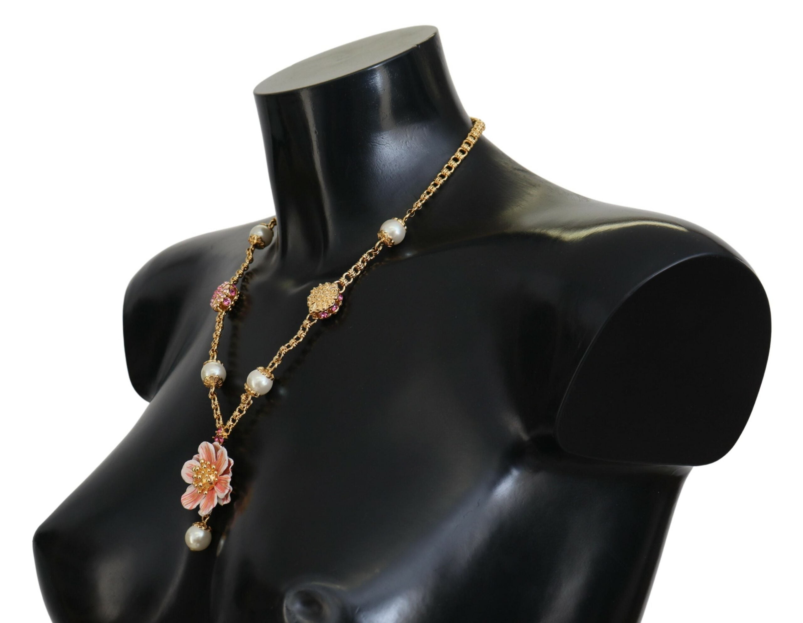 Dolce & Gabbana Gold-Tone Floral Crystal Embellished Pink Necklace