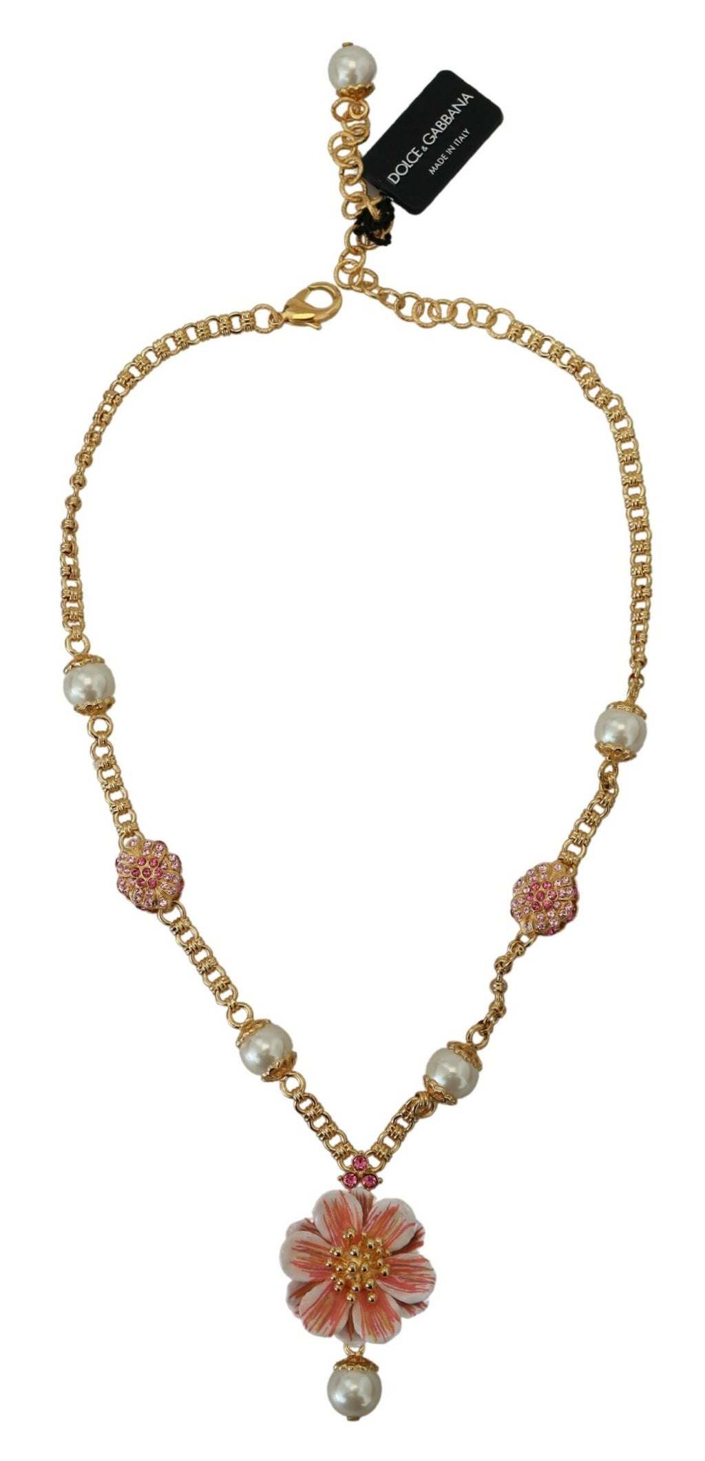 Dolce & Gabbana Gold-Tone Floral Crystal Embellished Pink Necklace