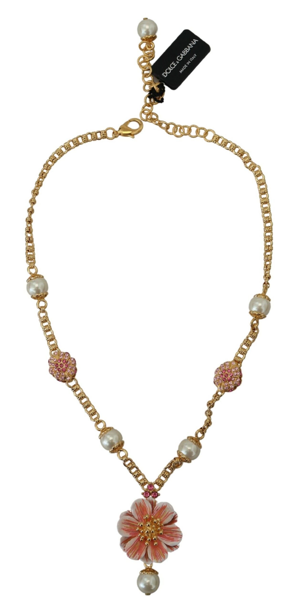 Dolce & Gabbana Gold-Tone Floral Crystal Embellished Pink Necklace