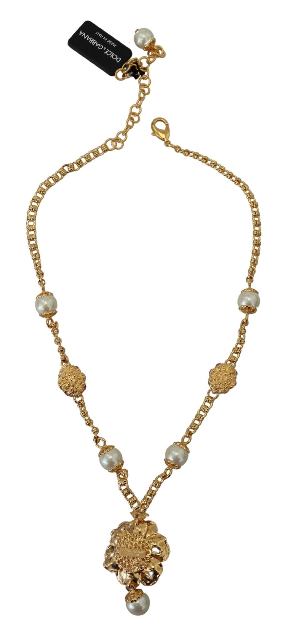 Dolce & Gabbana Gold-Tone Floral Crystal Embellished Pink Necklace