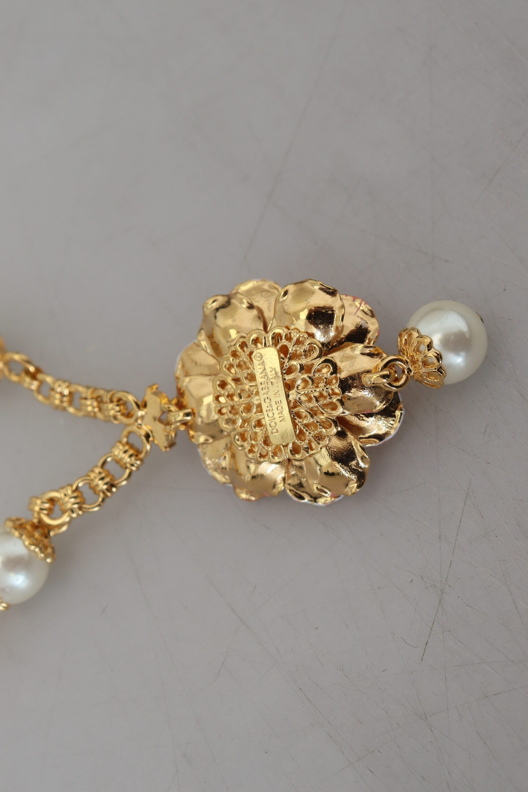 Dolce & Gabbana Gold-Tone Floral Crystal Embellished Pink Necklace