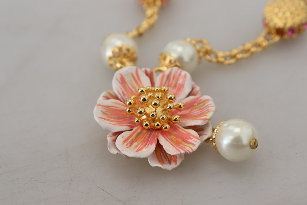 Dolce & Gabbana Gold-Tone Floral Crystal Embellished Pink Necklace