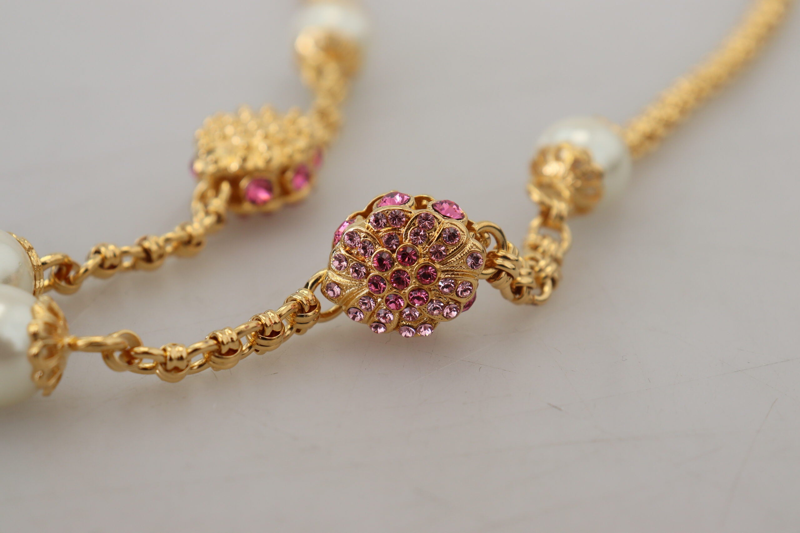 Dolce & Gabbana Gold-Tone Floral Crystal Embellished Pink Necklace