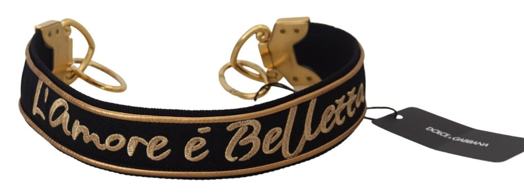 Dolce & Gabbana Schwarz Gold Logo Druck Messing Tasche Schulterriemen