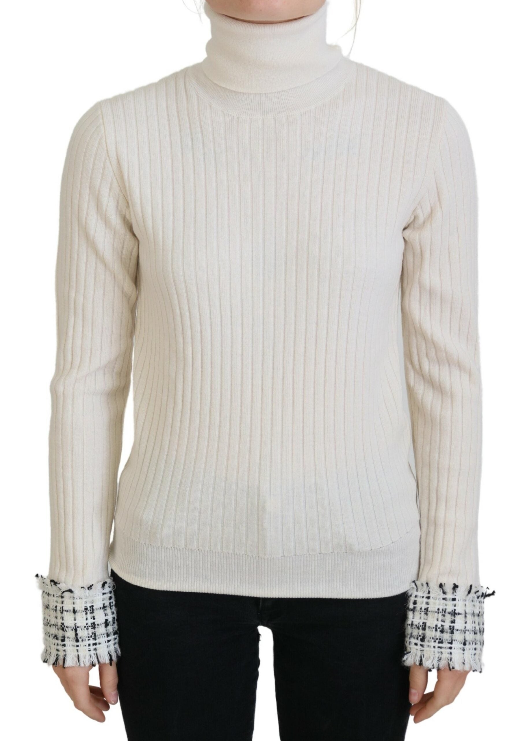 Dolce & Gabbana Elfenbeinfarbener Rollkragenpullover mit ausgefranster Manschette