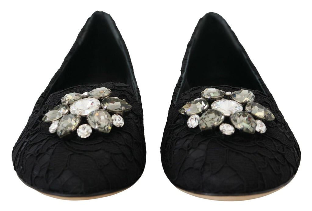 Dolce & Gabbana Schwarz Taormina Spitze Kristalle Flats Schuhe