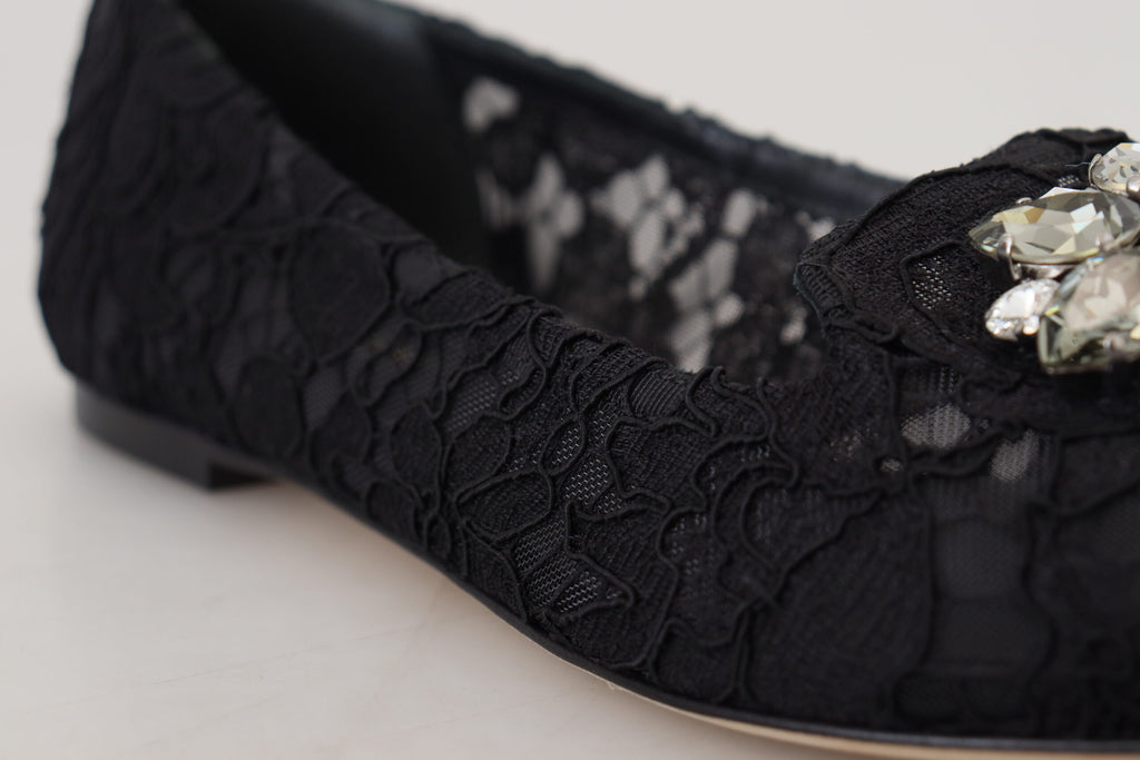 Dolce & Gabbana Schwarz Taormina Spitze Kristalle Flats Schuhe