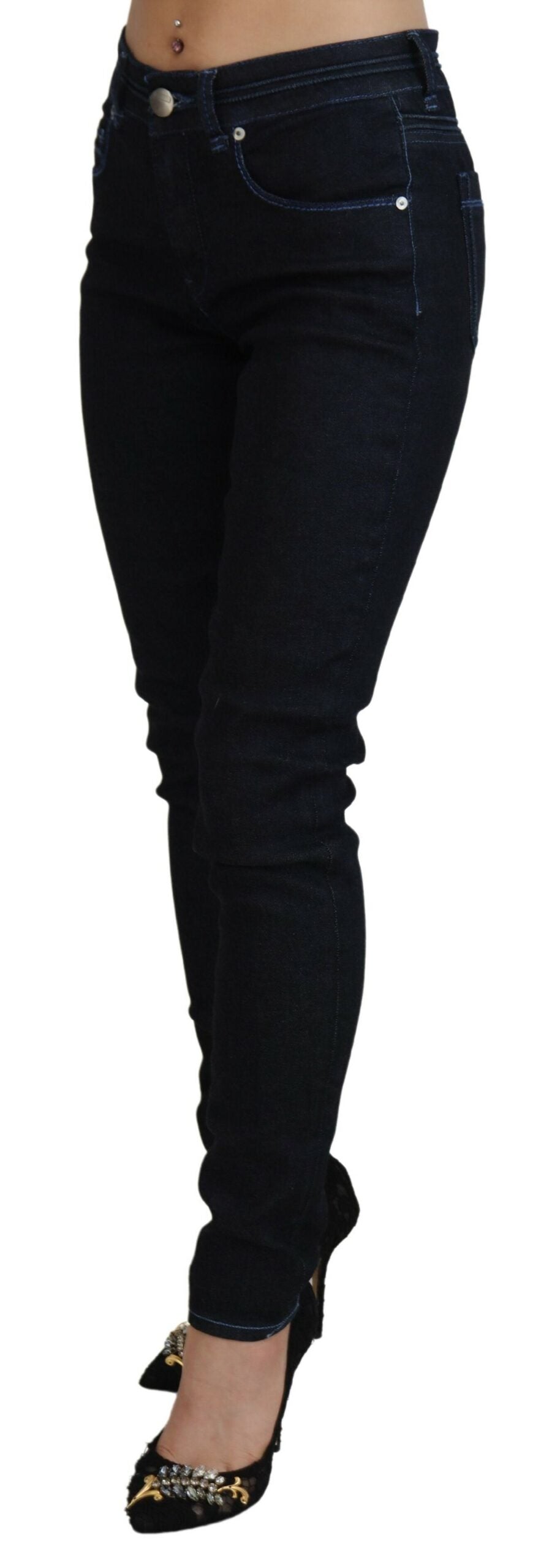 Acht Dunkelblaue Slim Fit Denim-Jeans mit niedriger Taille für Frauen