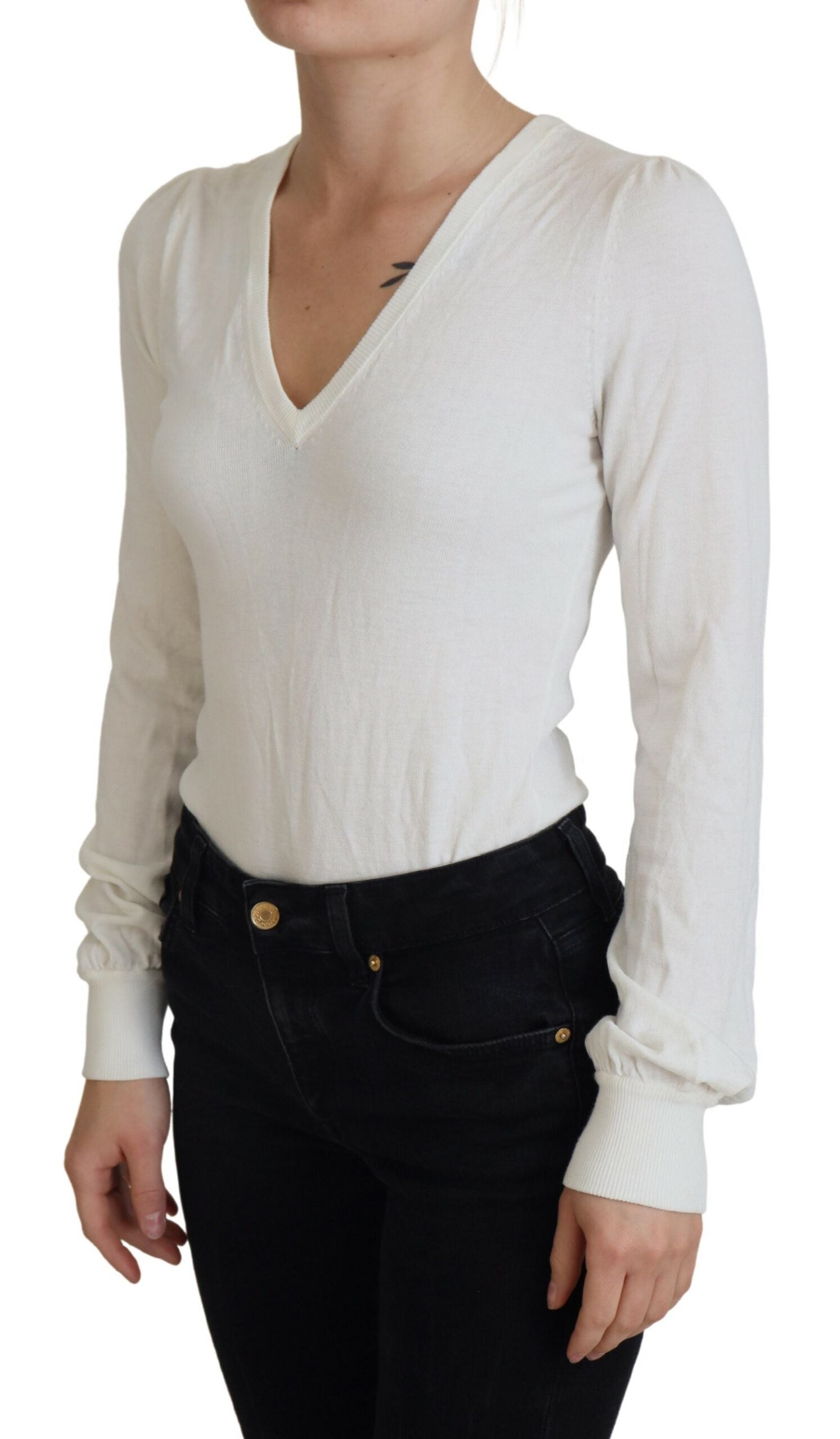 Patrizia Pepe Ivory V-Neck Long Sleeve Women's Blouse Top