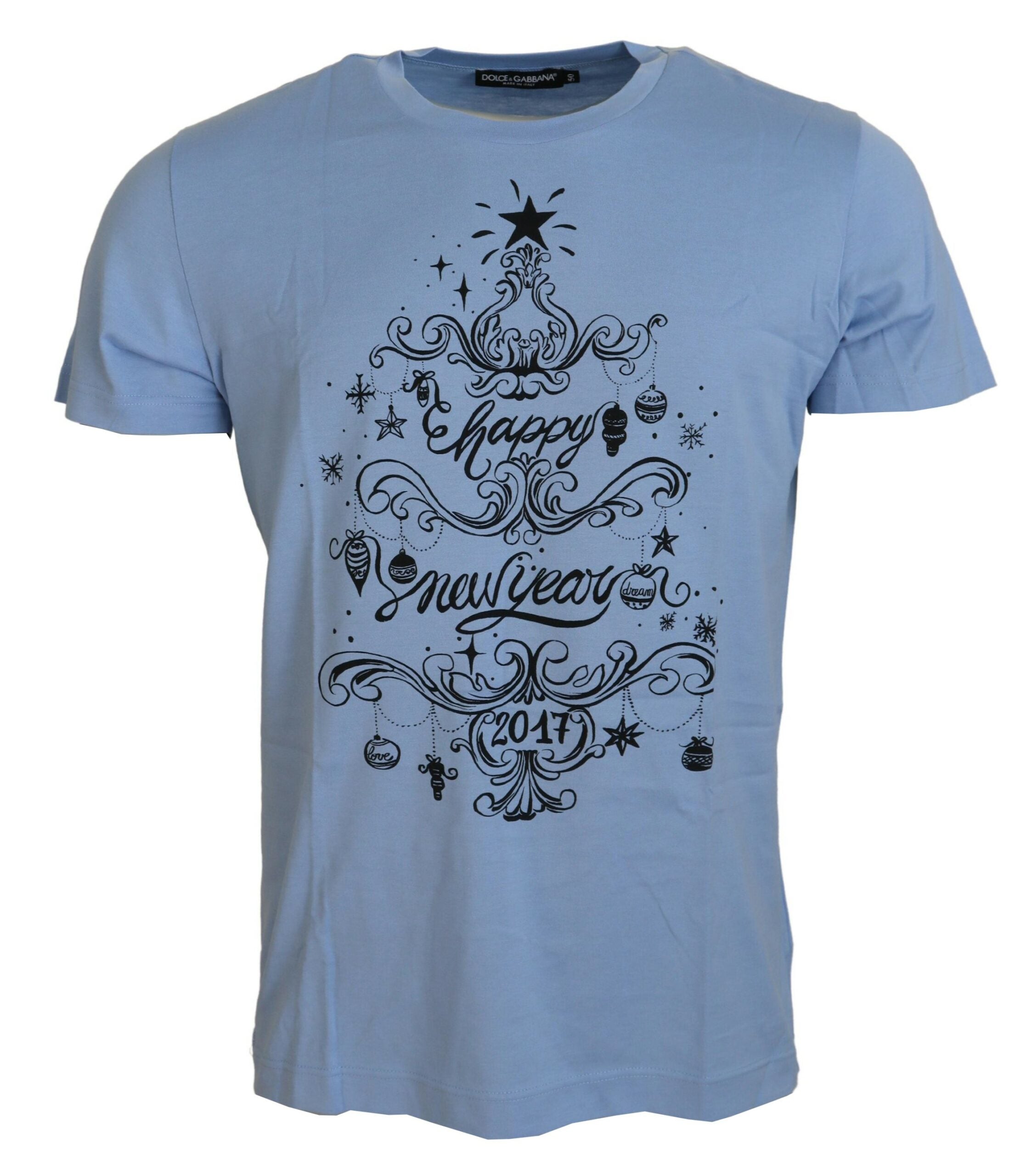 Dolce & Gabbana Hellblau Frohes Neues Jahr 2017 T-Shirt aus Baumwolle