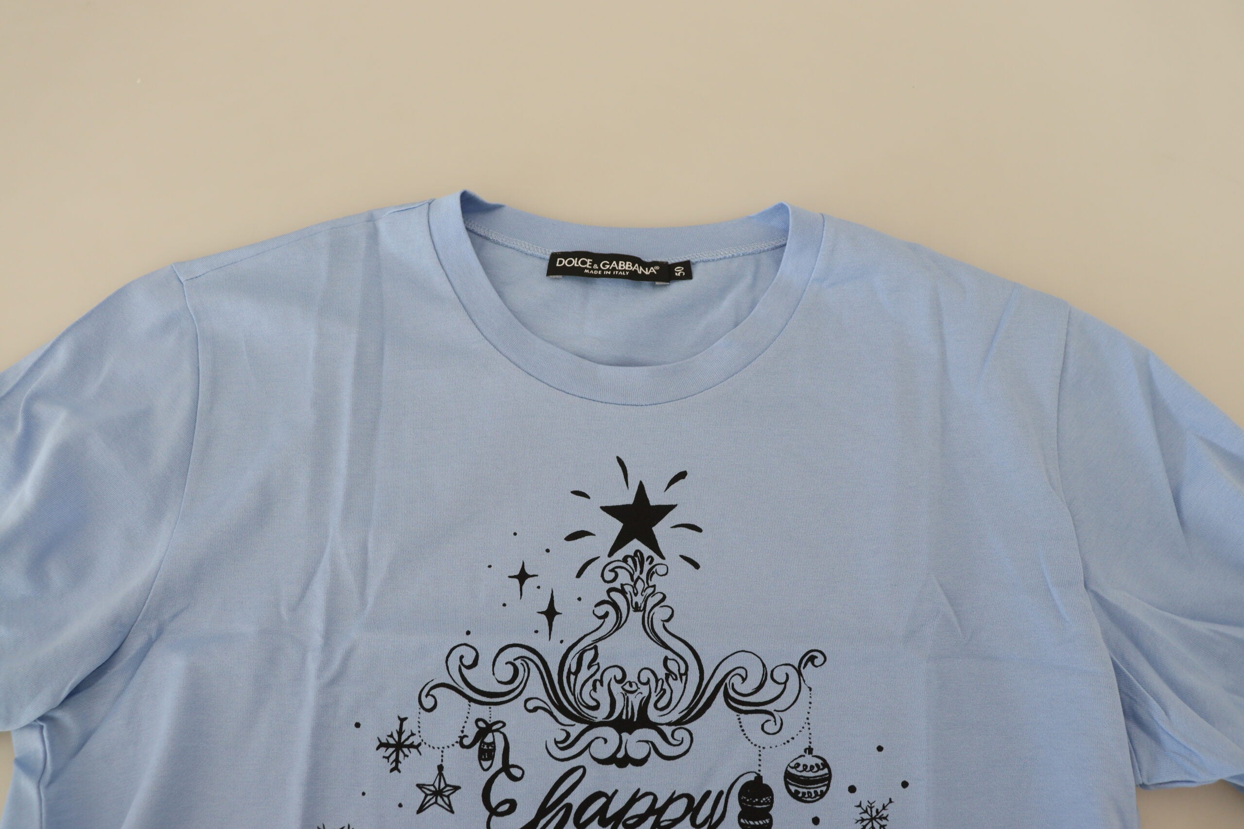 Dolce & Gabbana Hellblau Frohes Neues Jahr 2017 T-Shirt aus Baumwolle