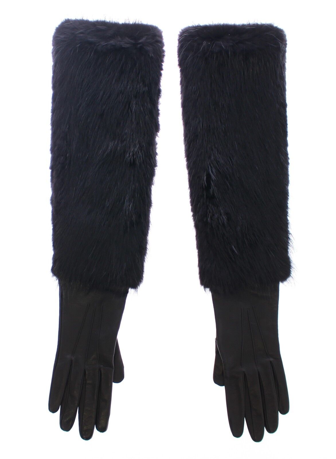 Dolce & Gabbana Schwarze Biberpelz-Lammfell-Leder-Ellbogenhandschuhe