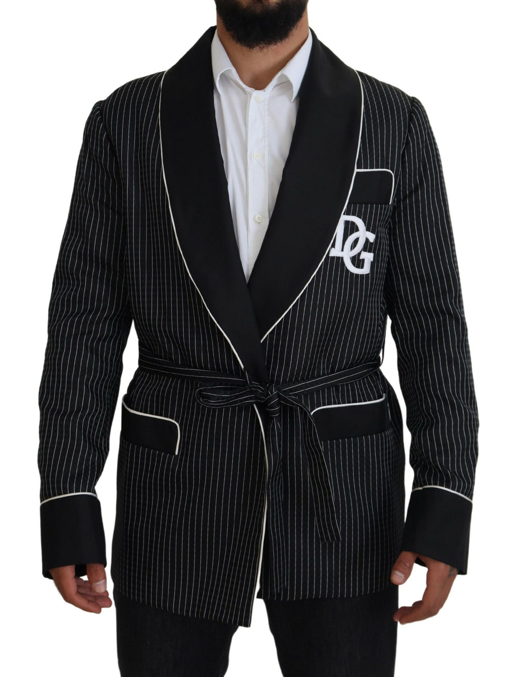 Dolce & Gabbana Schwarze Robe Gestreifte DG Patch Jacke Männer Blazer