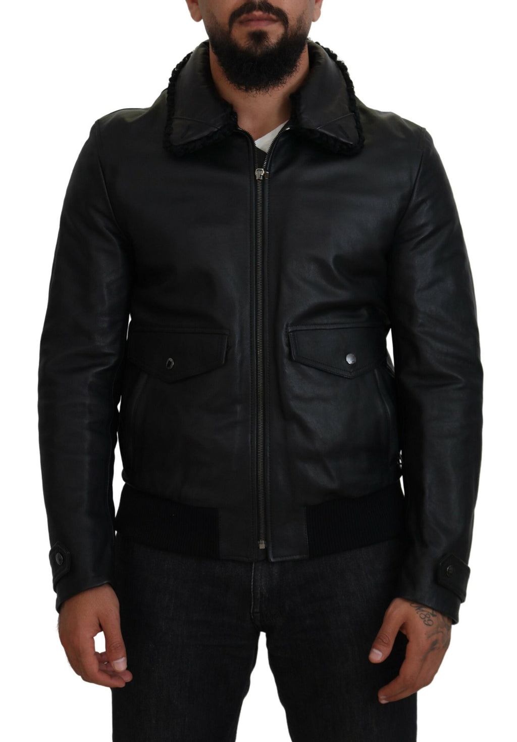 Dolce & Gabbana Black Lambskin Collared Men's Coat Jacket