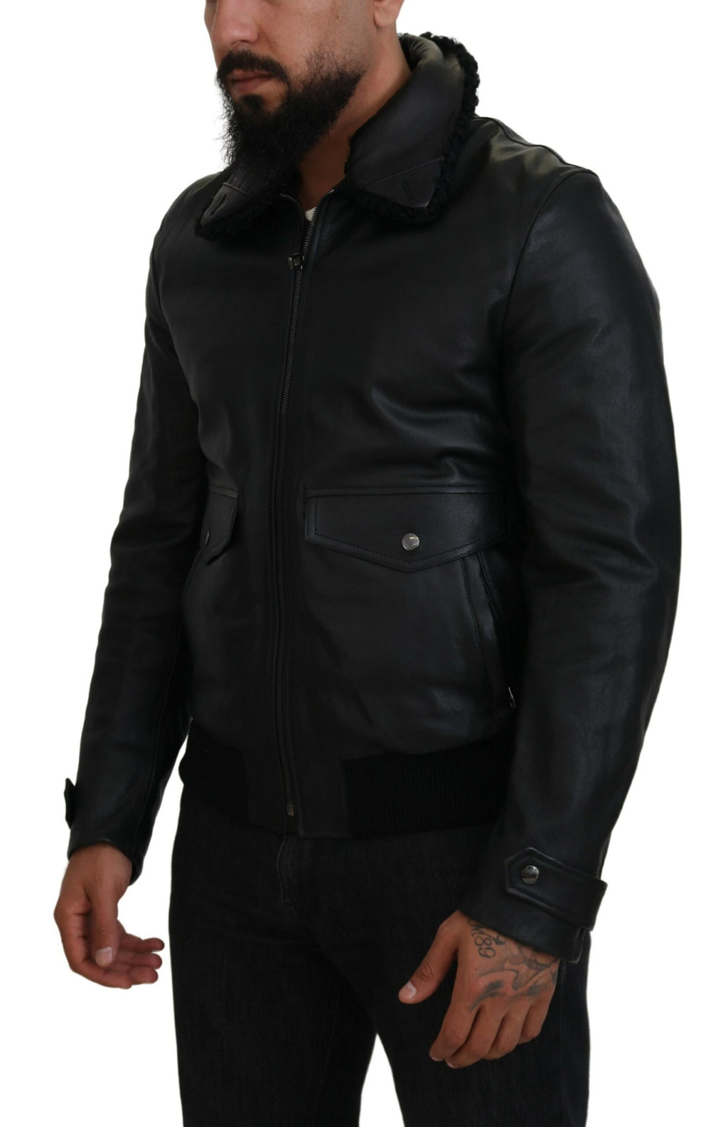 Dolce & Gabbana Black Lambskin Collared Men's Coat Jacket