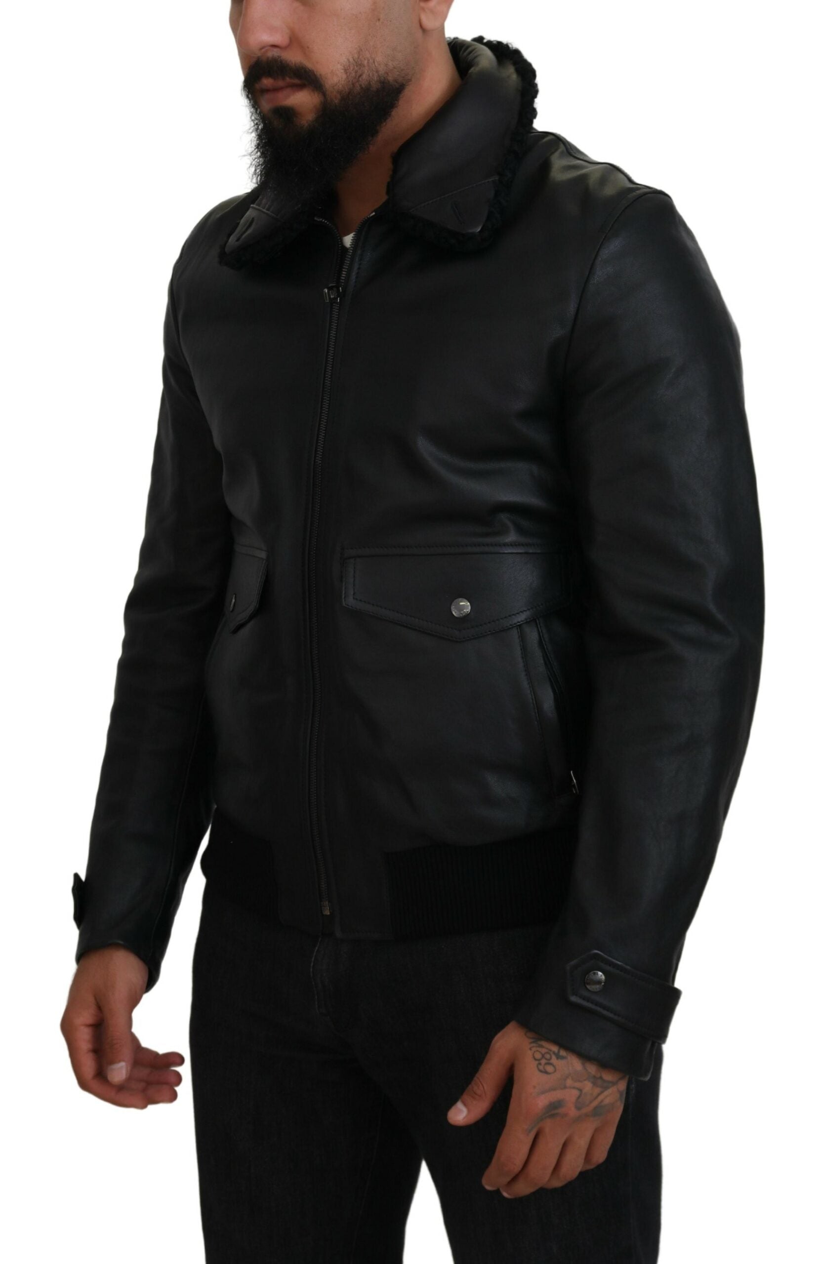 Dolce & Gabbana Black Lambskin Collared Men's Coat Jacket