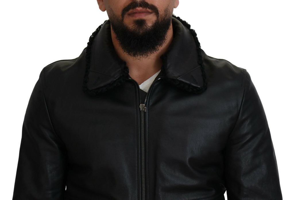 Dolce & Gabbana Black Lambskin Collared Men's Coat Jacket