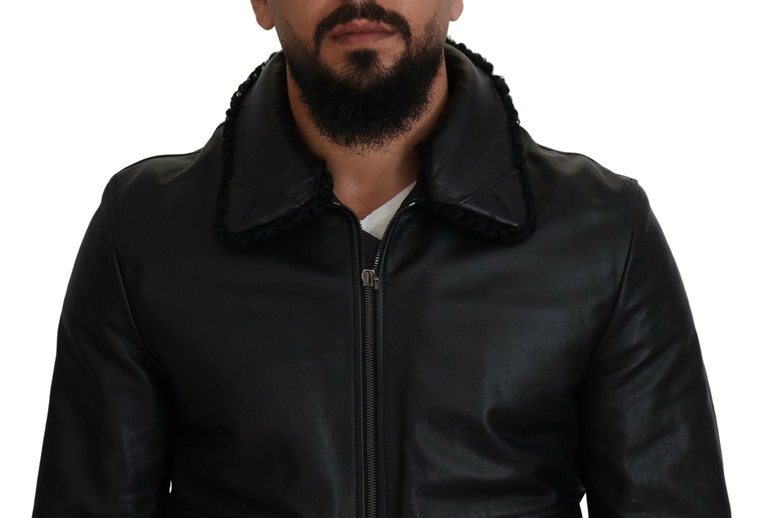 Dolce & Gabbana Black Lambskin Collared Men's Coat Jacket